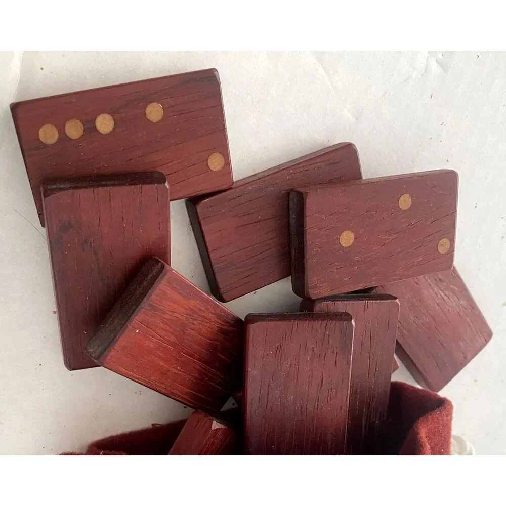 Vintage Wooden Dominoes Set Double 6 Handcrafted Red Wood 28 Tiles Velvet Bag